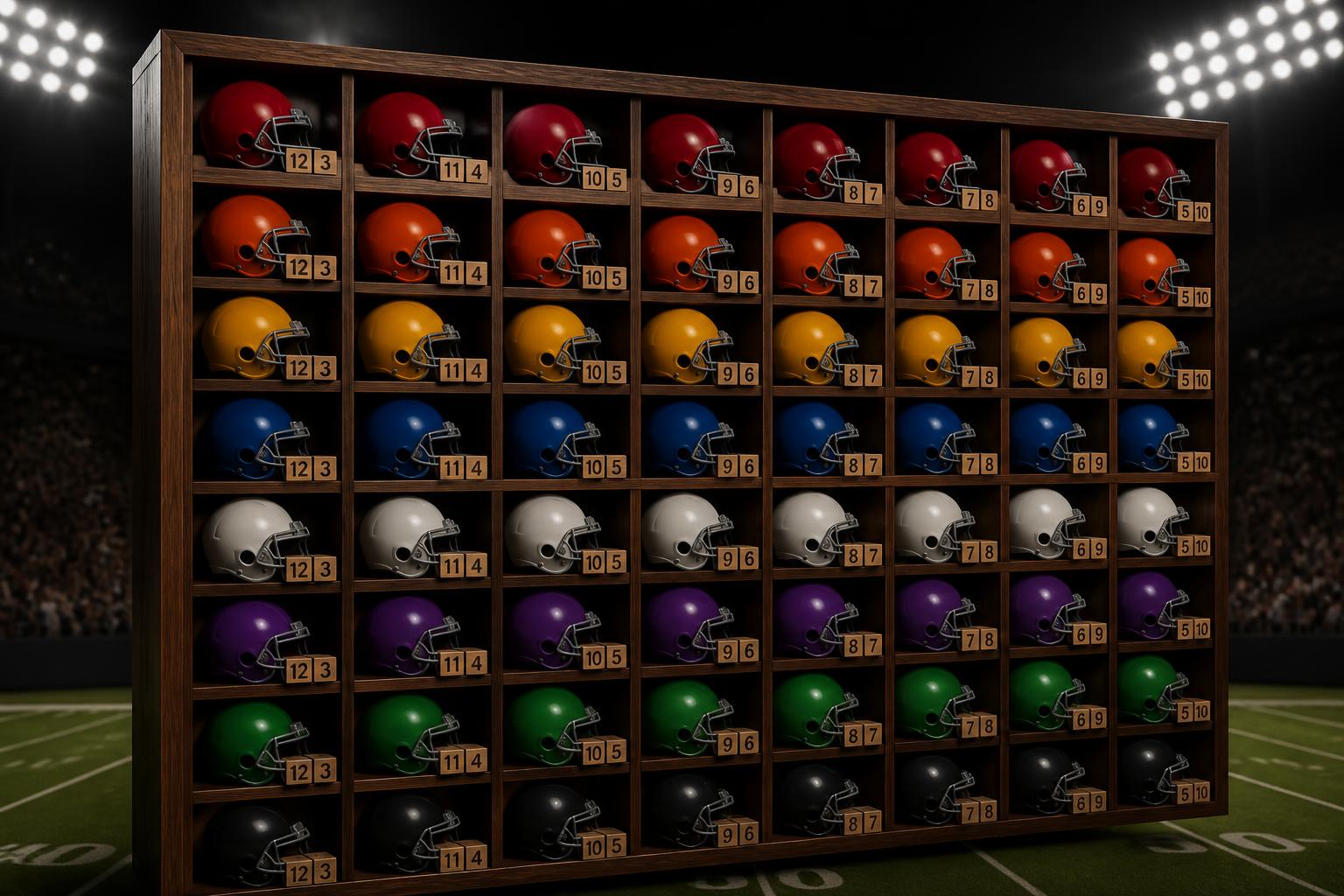 Wooden standings matrix with unbranded football helmets