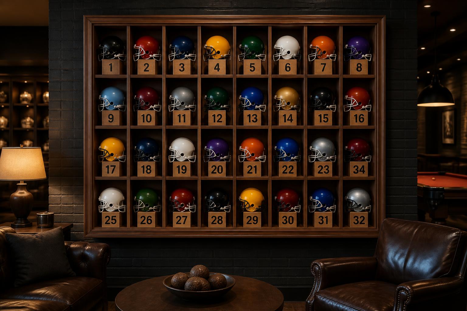 Large wooden football standings matrix installed in a premium lounge