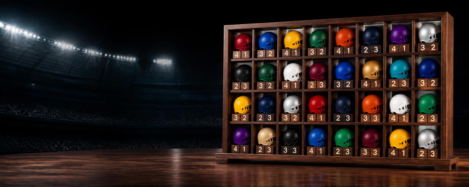 Wooden football standings display with 32 unbranded mini helmets